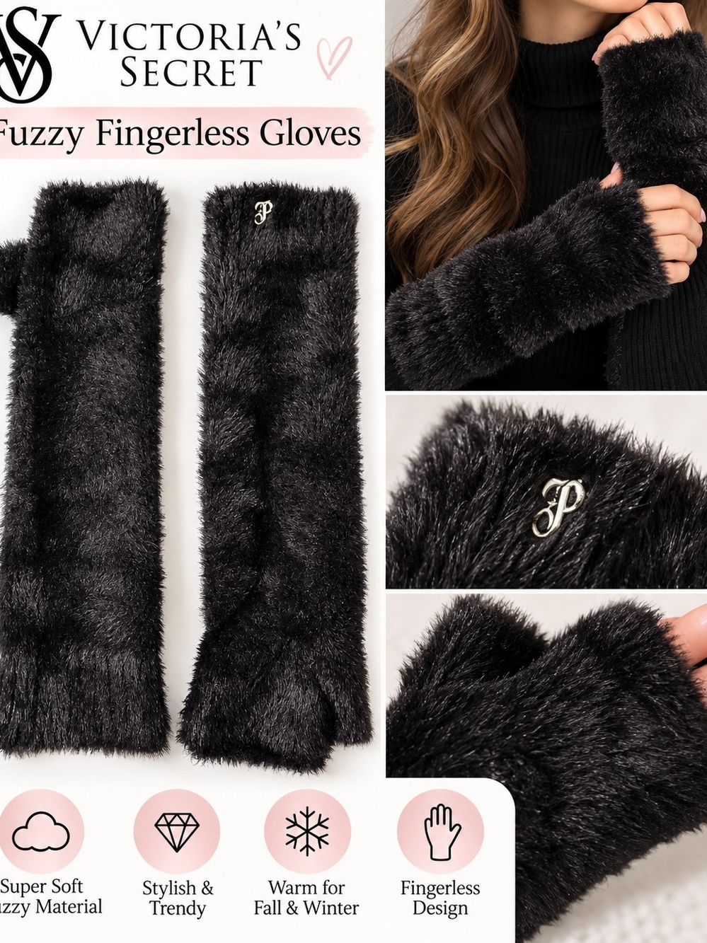 Victoria's Secret Black Fuzzy Fingerless Arm Warmers